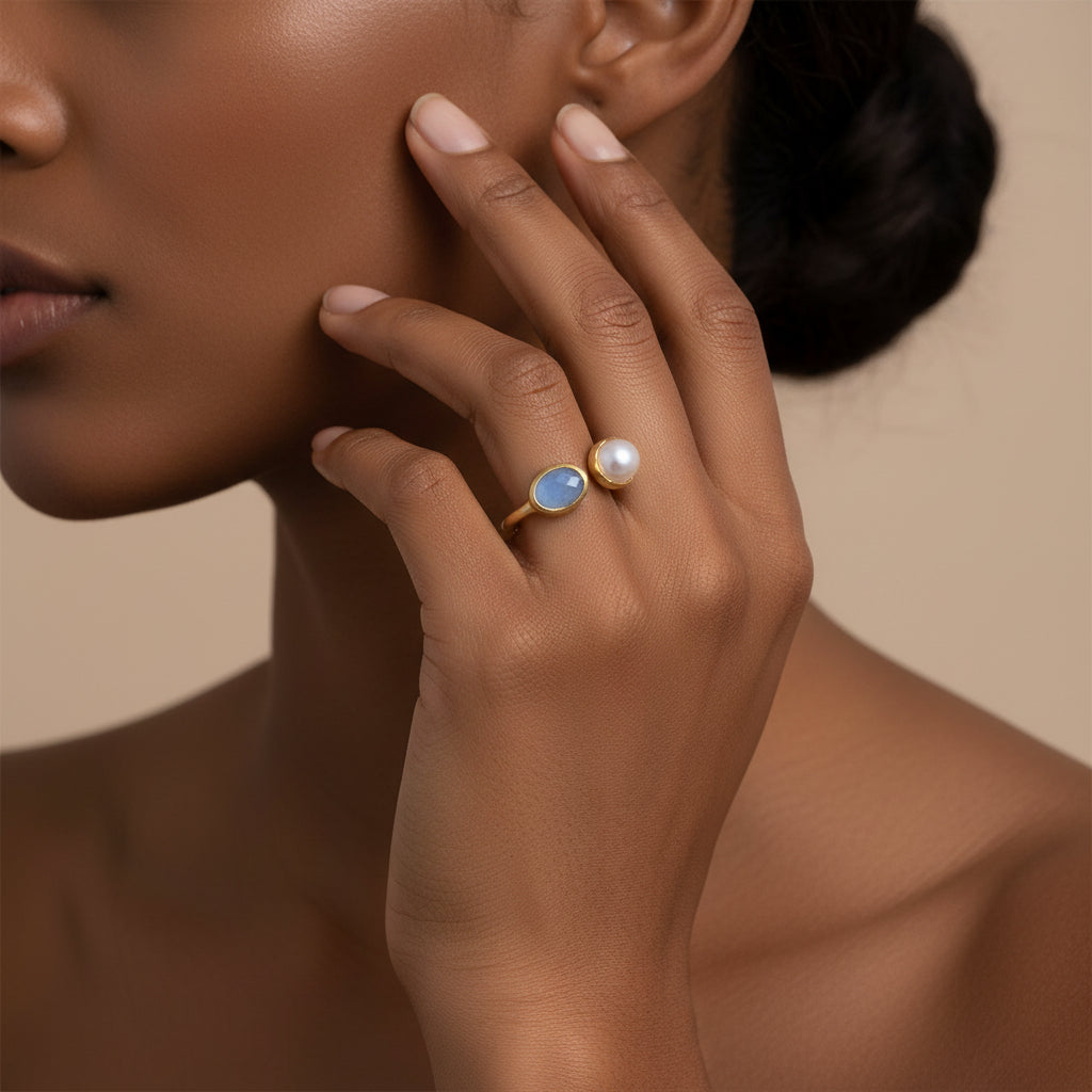 Fairley Pearl & Aquamarine Ring Size 8