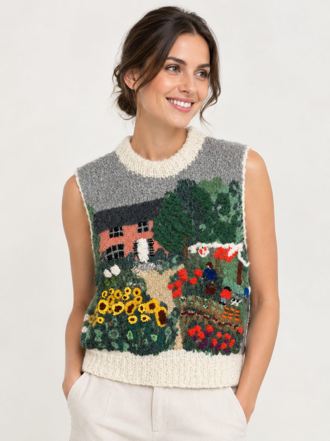 MII Printed June Hand Embroided Sleevless Sweater